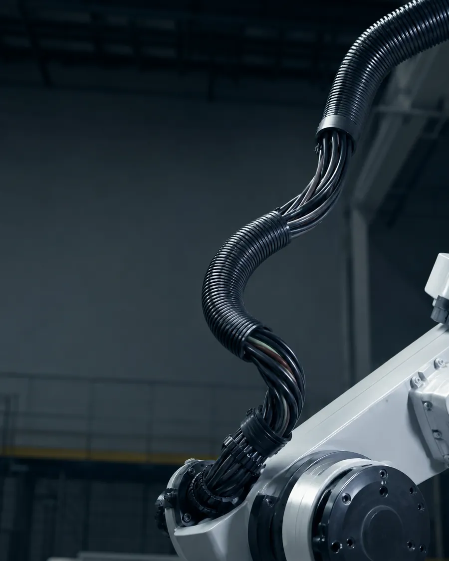 Illustrative scene: Cable bundle routed through corrugated conduit on a machine
